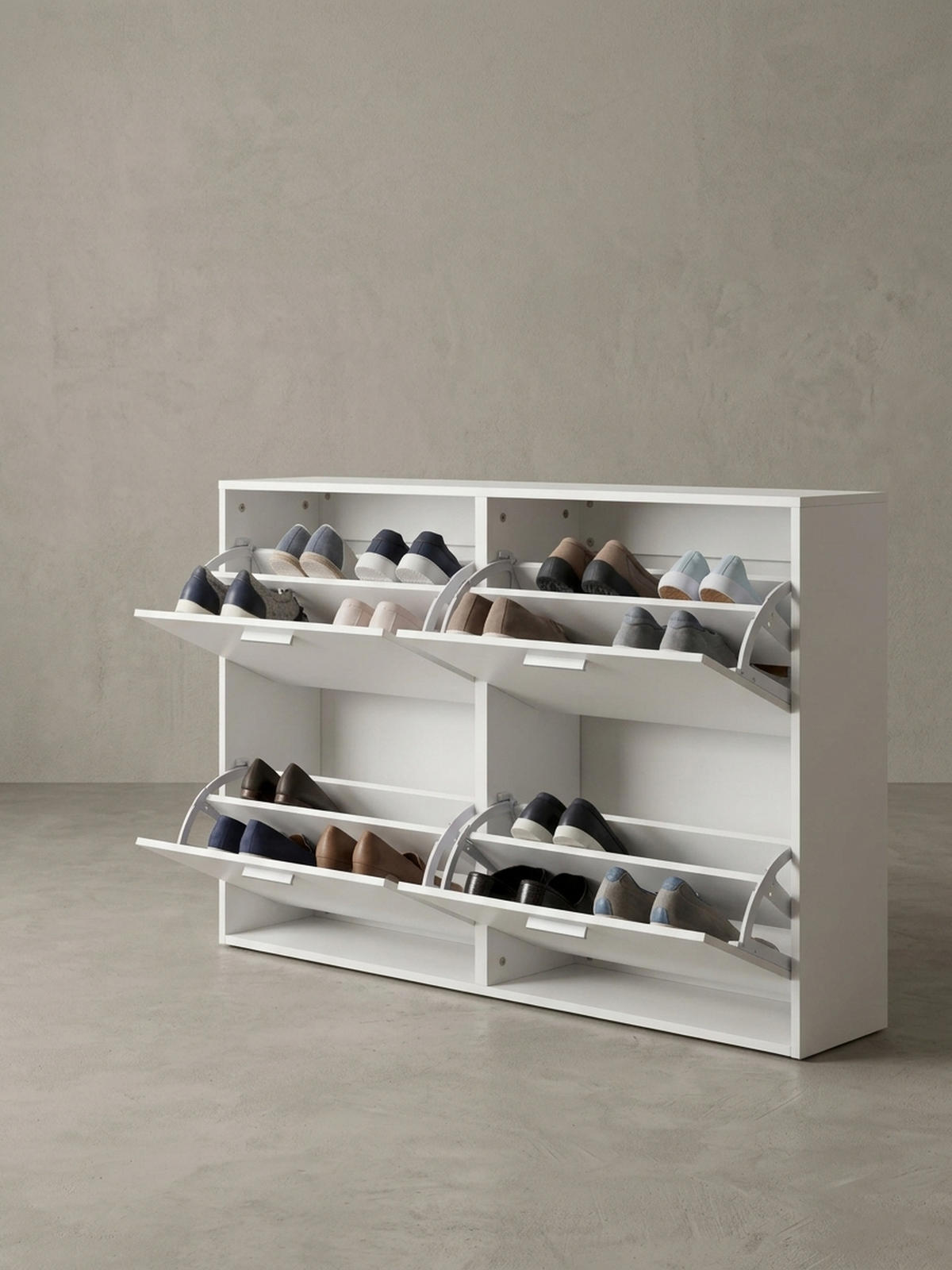 SCHUHSCHRANK Holz mit 4 Klappen und großer Ablage, Weiß 120x24x81 cm - Weiß, Holz/Metall (120/81/24cm) - KADIMA DESIGN