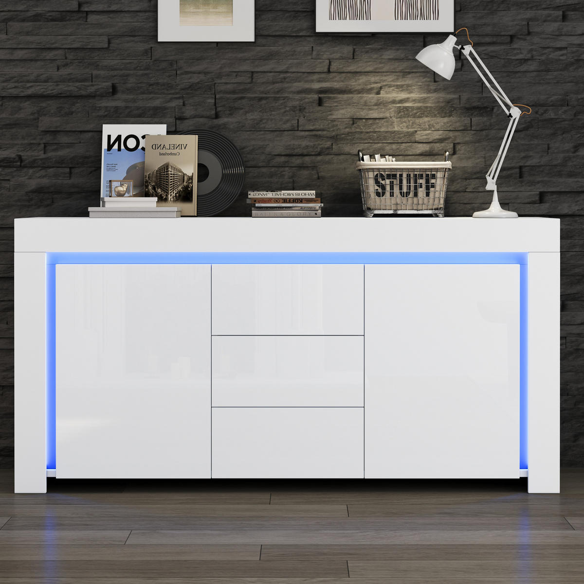 SIDEBOARD 140/40/65 cm aus MDF mit Hochglanzfront und LED-Beleuchtung Weiß - Weiß, Holzwerkstoff (140/65/40cm) - Modenvie