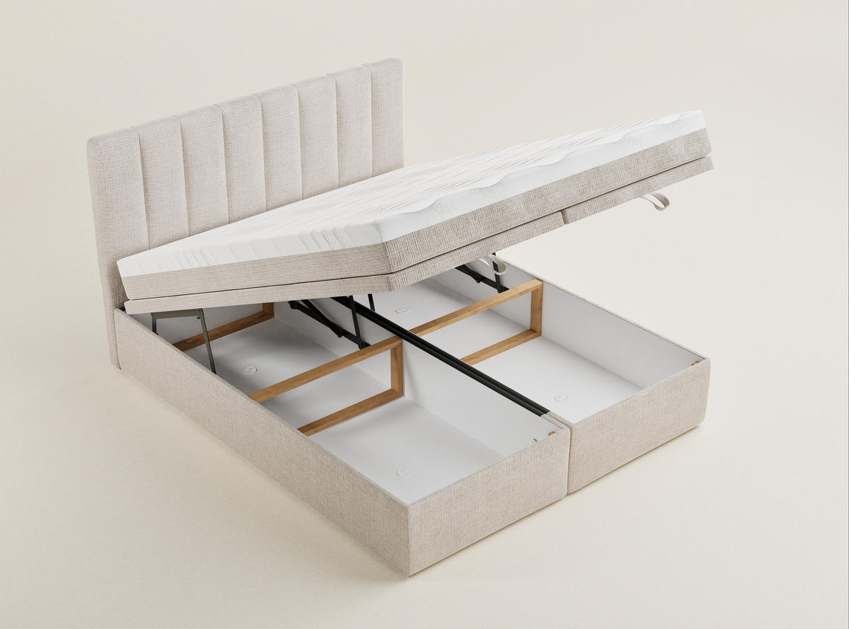 BOXBETT 180/200 cm Lovage M, in Creme, Matratze, gepolstertes Kopfteil, Bettkasten, H3 = fest - Creme/Schwarz, Holz/Holzwerkstoff (180/200cm) - Maison de Reve