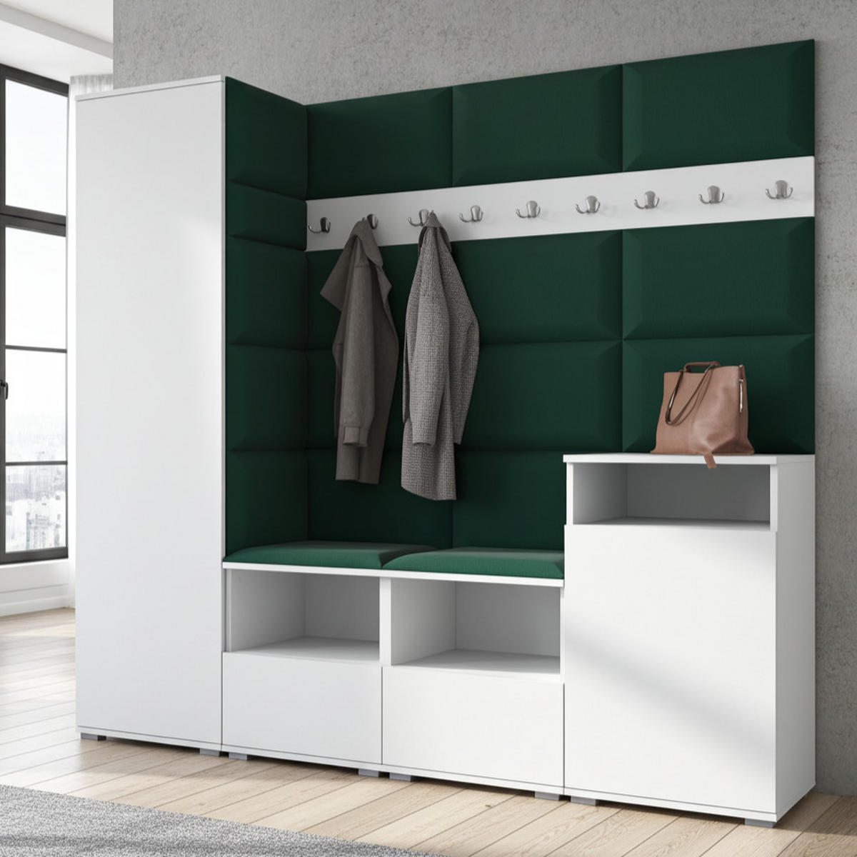GARDEROBE NELA X 200 cm (Modulare Flurmöbel Weiß mit Sitzpolster Flaschengrün 28 Schrank + Sideboard) - Dunkelgrün/Silberfarben, Holz/Holzwerkstoff (200/187/40cm) - Ravio