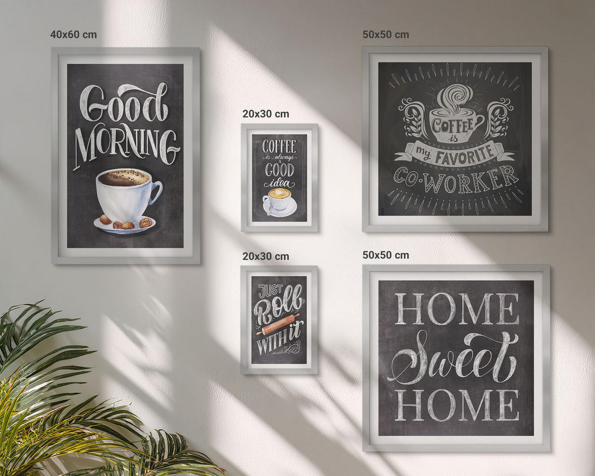BILDER SET 5er Set - 50x50 cm & 20x30 cm & 40x60 cm Silberner Rahmen - Kaffeeroller, heimelige Wärme - Silberfarben, Kunststoff (40/60cm) - TULUP
