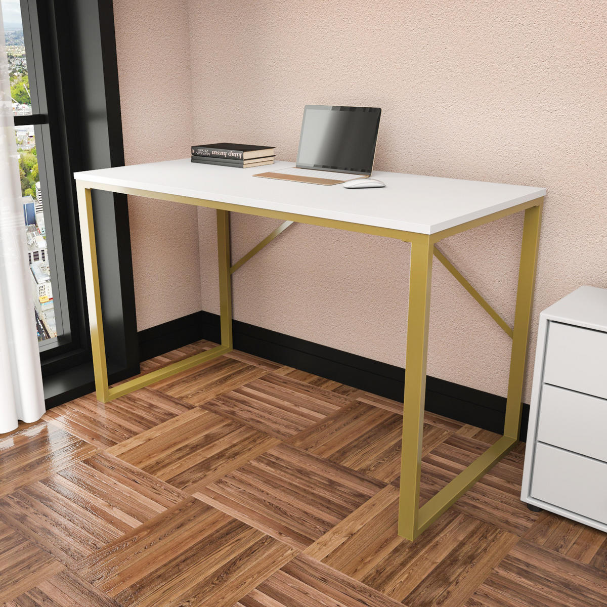 COMPUTERTISCH Layton Gold Weiß - Goldfarben, Holzwerkstoff (60/120/16cm) - Decorotika