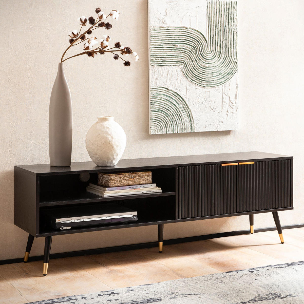 LOWBOARD Schwarz Eiche-Dekor Modern Stil 150x51x39 cm mit Türen und Ablagefächern - Goldfarben/Schwarz, Holzwerkstoff/Metall (150/51/39cm) - KADIMA DESIGN