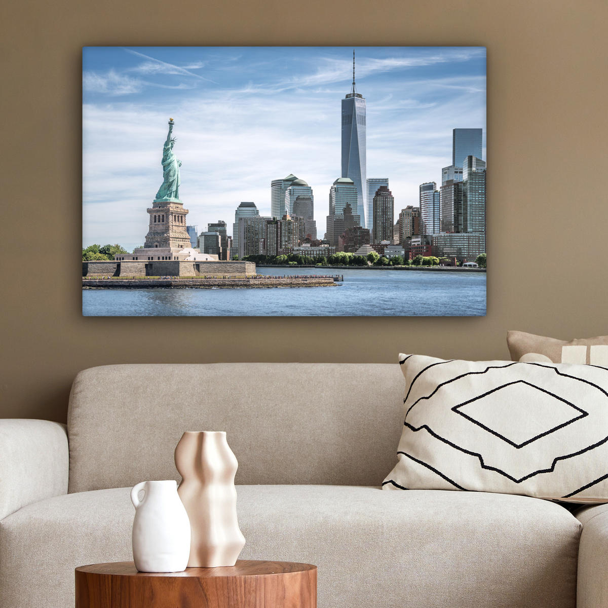 LEINWANDBILD New York - Freiheitsstatue - Wasser Gemälde 60x40 cm - Hellblau, Textil (60/40cm) - MuchoWow