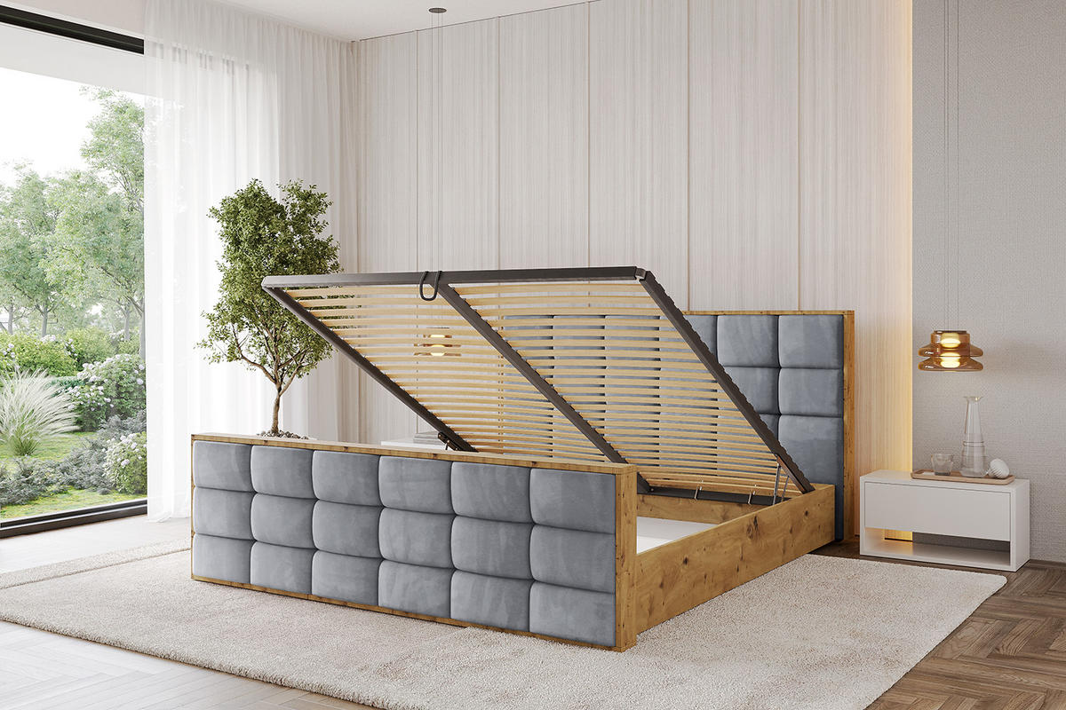 POLSTERBETT mit Bettkasten, Fußteil und Lattenrost, Boxbett mit Matratze H3/H4 - ENZO2-Z 120x200 Grau - Grau, Holzwerkstoff/Textil (120/200cm) - ALTDECOR