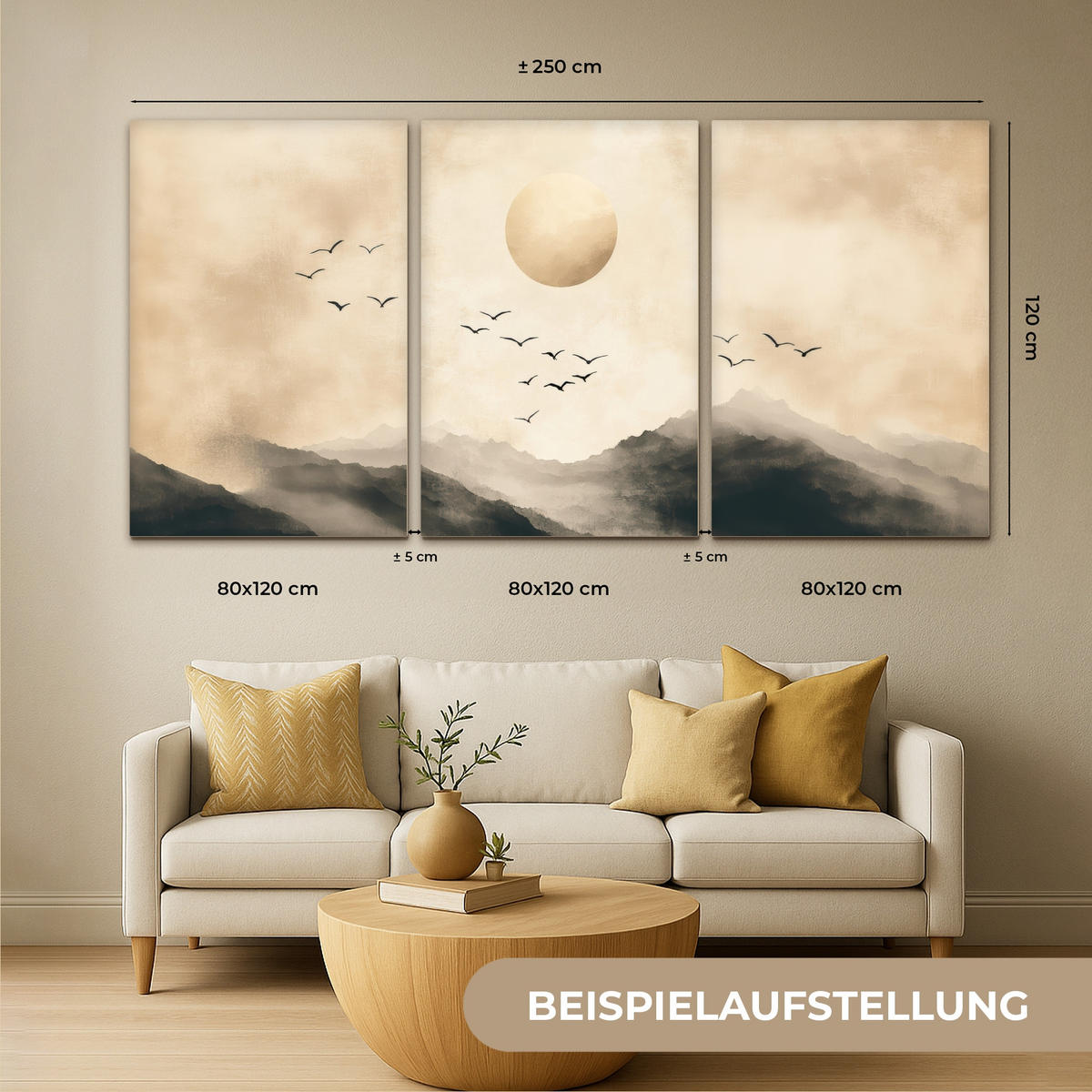 LEINWANDBILD 3er Set Landschaft - Japandi - Beige - Vögel 240x120 cm - Beige, Textil (240/120cm) - MuchoWow