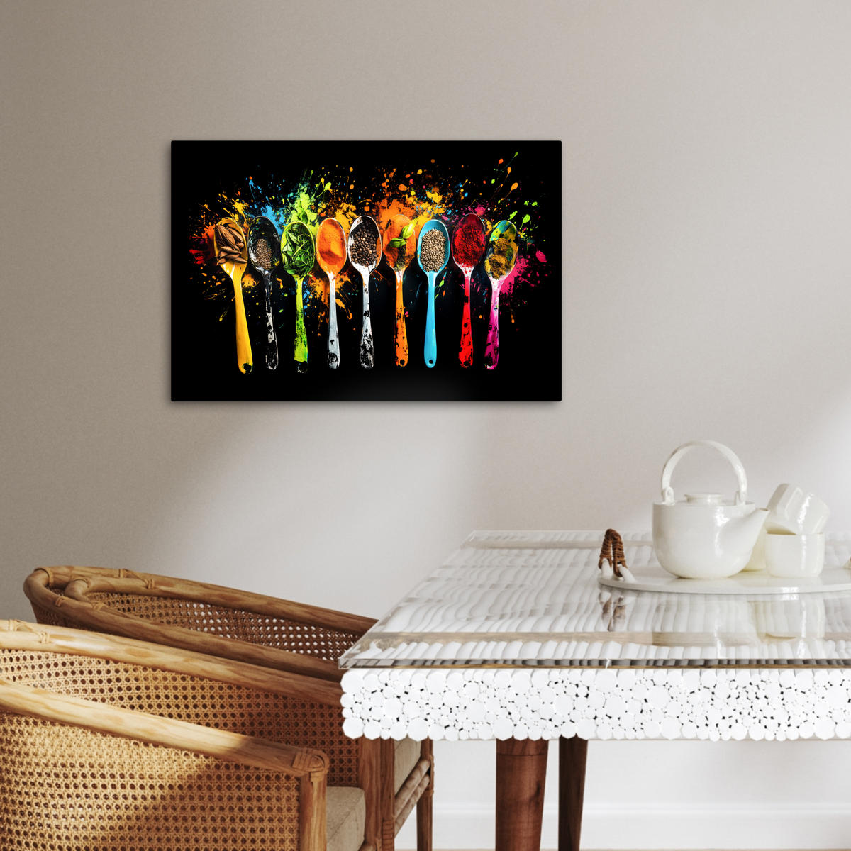 LEINWANDBILD Löffel - Gewürze - Modern - Graffiti - Farbe - Farbenfroh Gemälde 60x40 cm - Multicolor, Textil (60/40cm) - MuchoWow