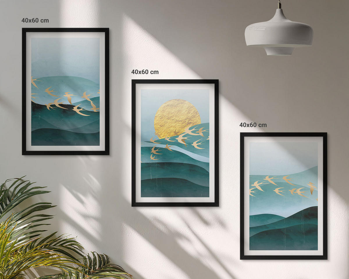 BILDER SET 3er Set - 40x60 cm Schwarzer Rahmen - Abstrakte Sonnenuntergangslandschaften - Schwarz, Kunststoff (40/60cm) - TULUP