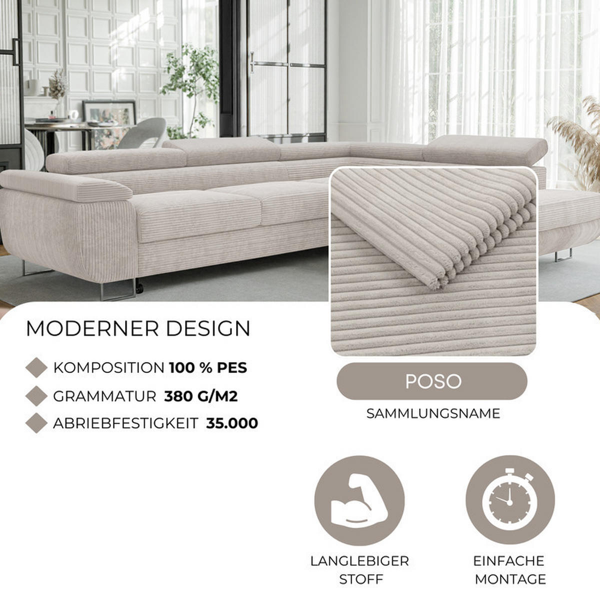 ECKSOFA ANTON mit Schlaffunktion und Bettkasten Creme - Creme, Holzwerkstoff/Kunststoff (274/203cm) - Idohome