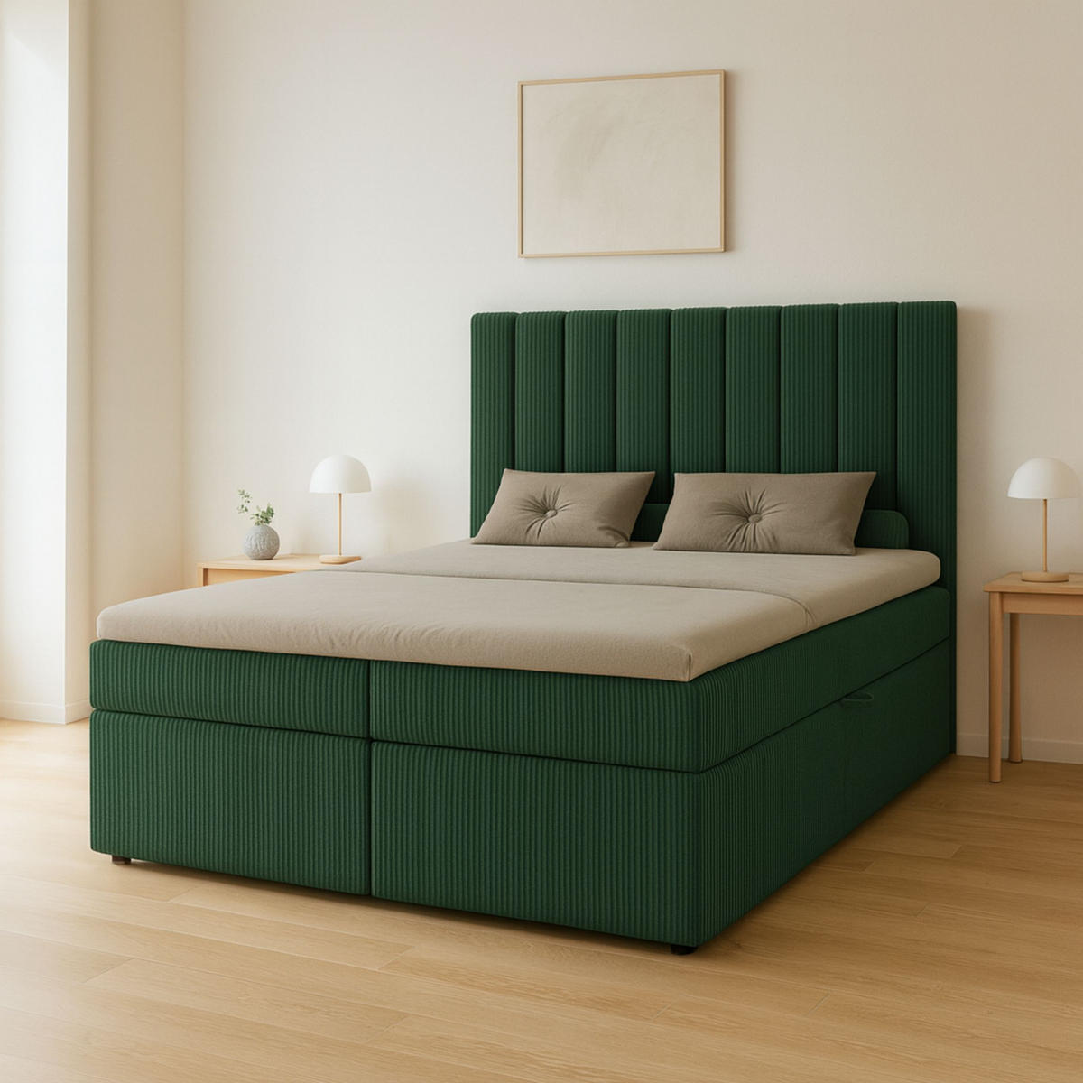 BOXBETT Nero mit 2 Bettkästen, 140x200, Farbe: Grün, Cordstoff, Doppelbett mit Bonell-Matratze inkl. Topper - Grün, Holz/Kunststoff (140/200cm) - Marpur