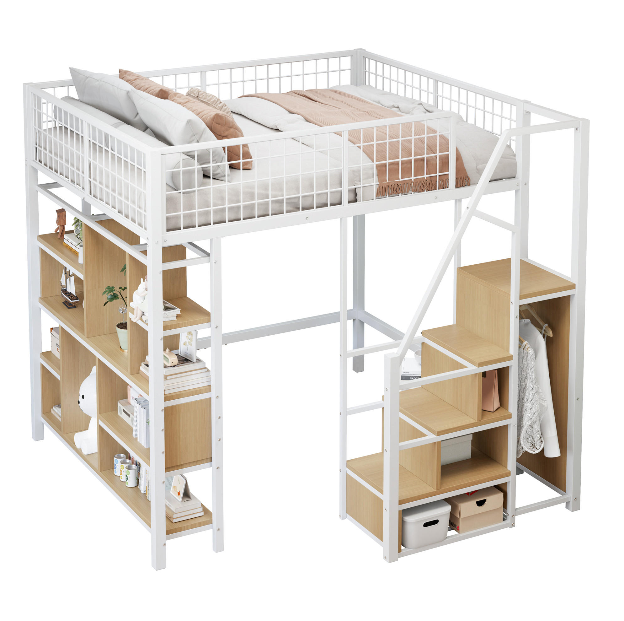 HOCHBETT 140/200 cm Weiß mit Stauraumtreppe - Weiß, Metall (140/200cm) - MIVRAY