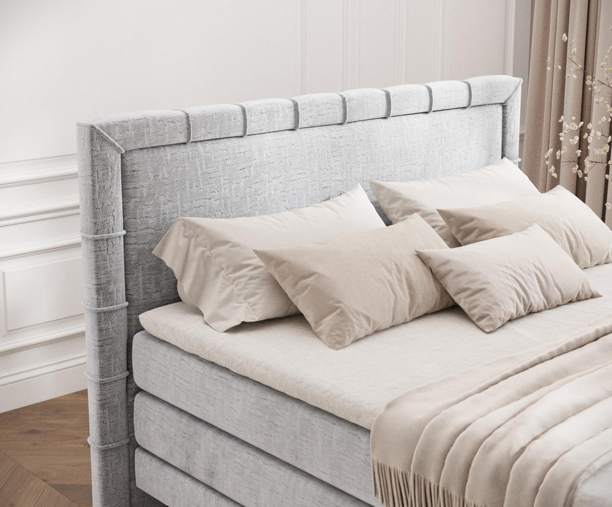 BOXSPRINGBETT Rimini Hellgrau 180/200 cm mit Matratze und Topper - Hellgrau/Schwarz, Holz/Holzwerkstoff (180/200cm) - Maison de Reve