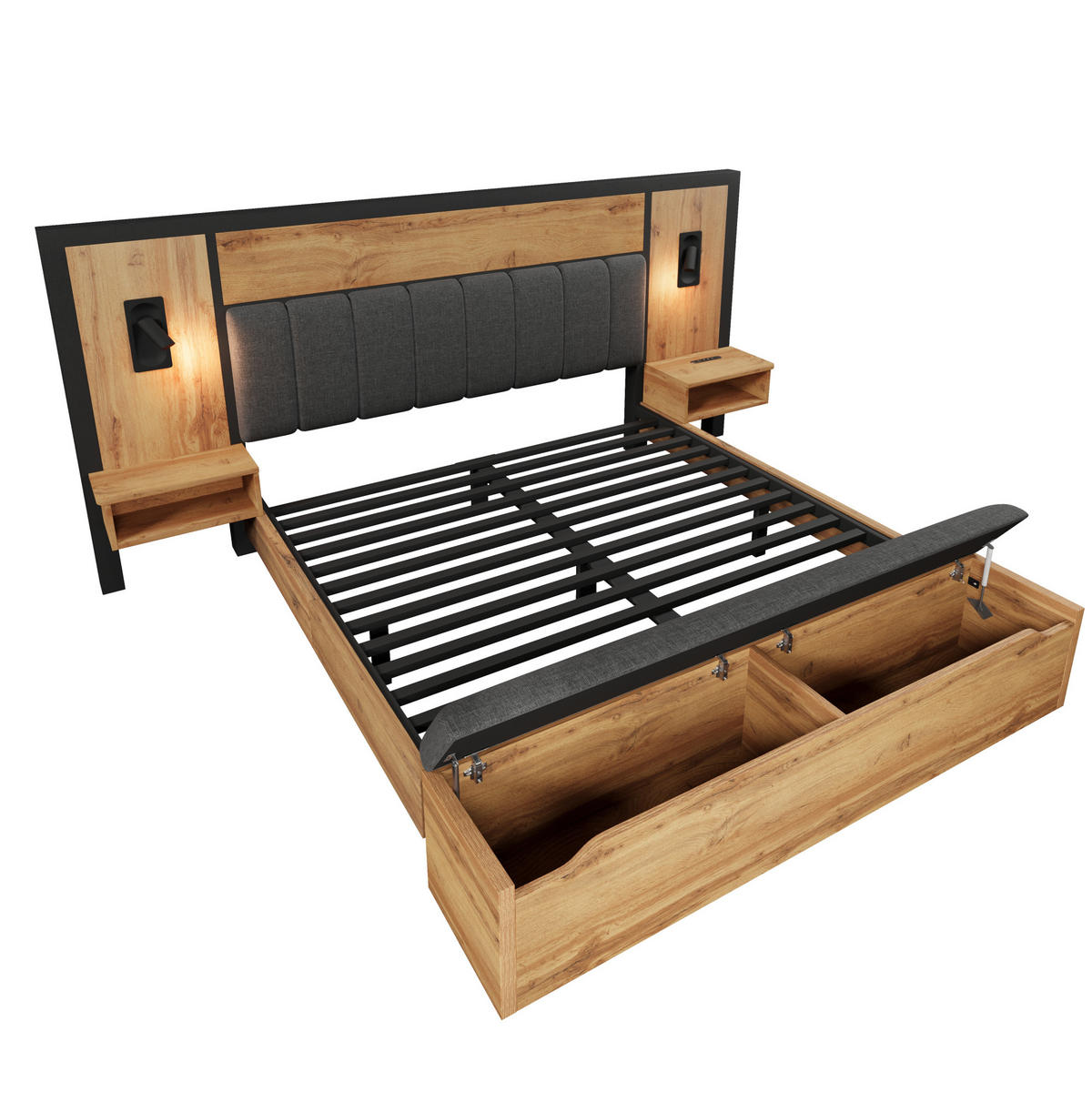POLSTERBETT 180/200 cm Eiche mit Leselampe und USB-C-Nachttisch - Eichefarben, Metall (180/200cm) - OKWISH