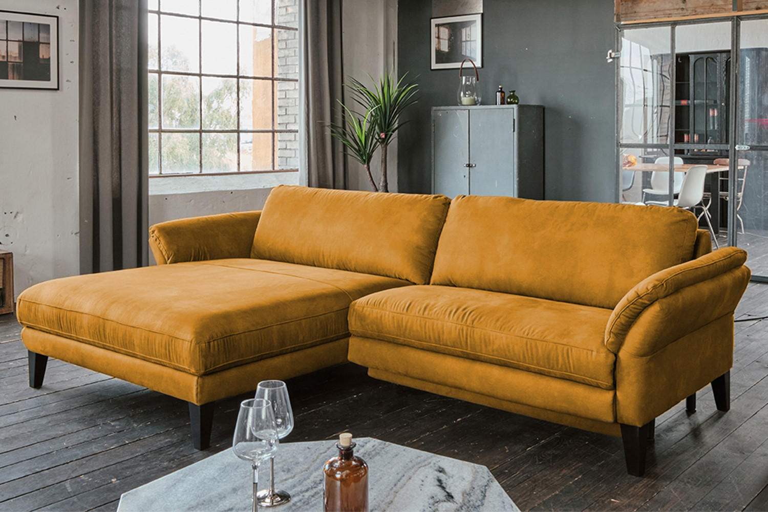 ECKSOFA MALTA Gold Webstoff - Goldfarben/Schwarz, Buchenholz/Textil (302/175cm) - KAWOLA