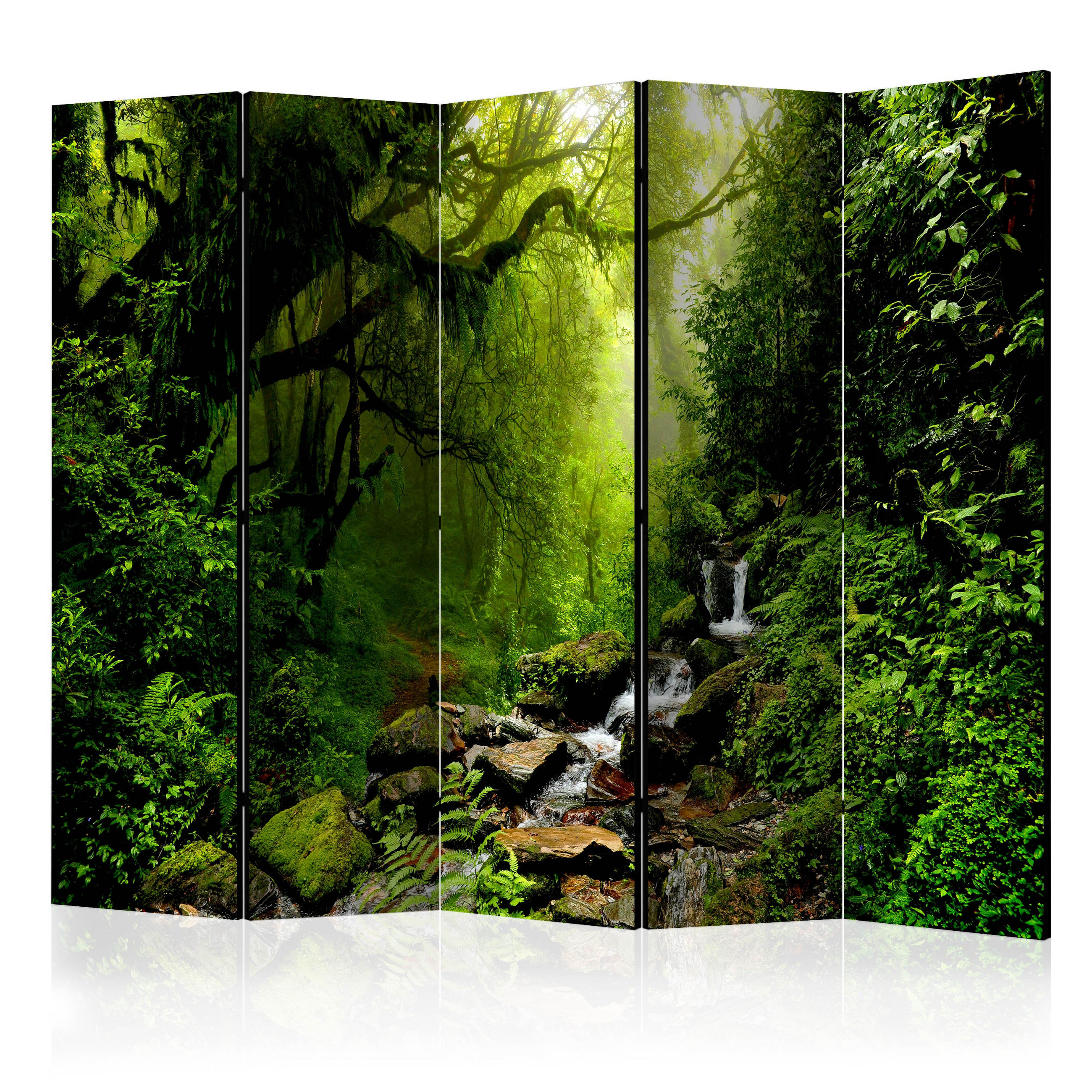 PARAVÁN Akustický 5-dielny 225x172 cm Vodopád v Lese - zelená, drevo/textil (225/172/3cm) - Muralo