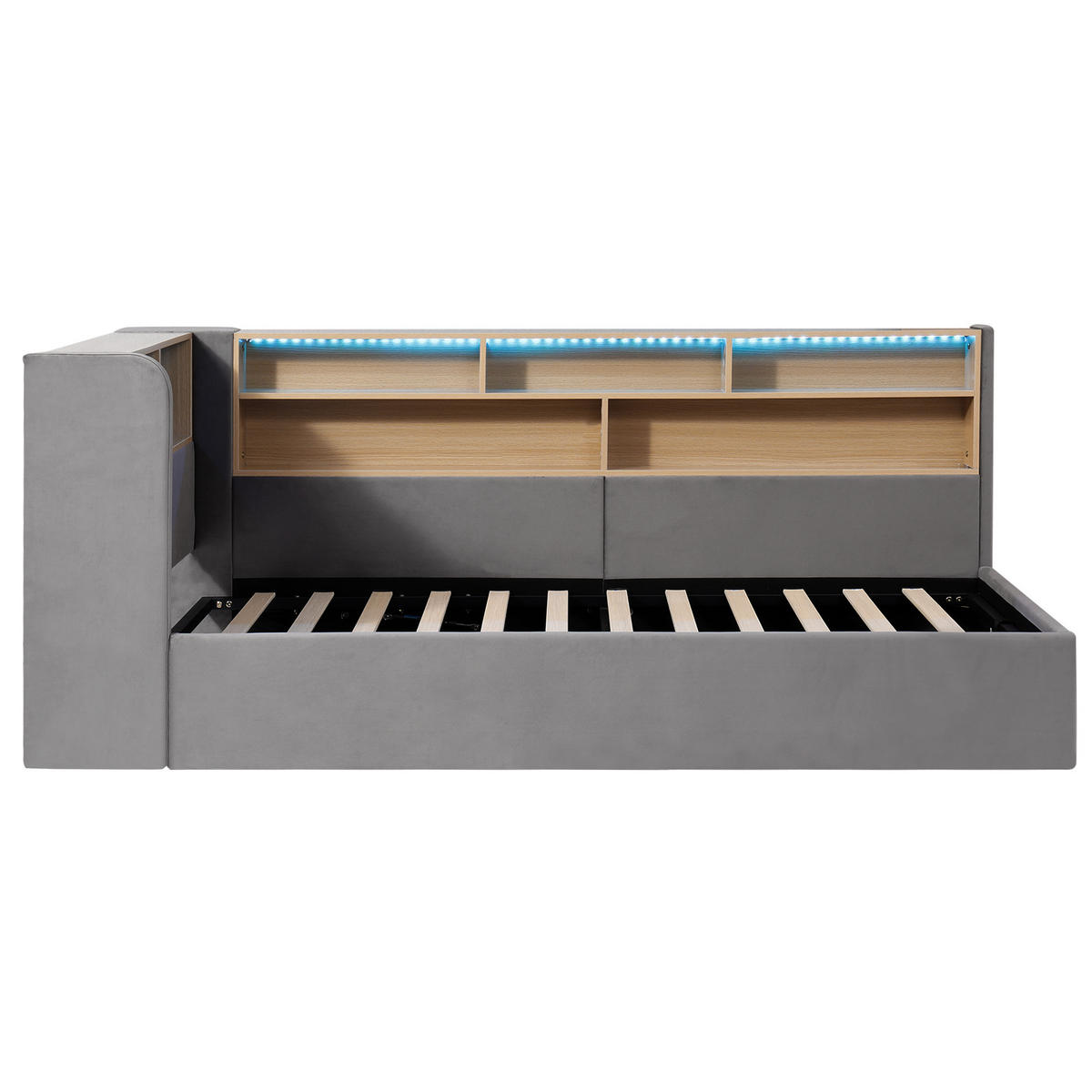 TAGESBETT 90/200 cm mit hydraulischem Bettkasten, LED, USB- und Type-C-Anschluss, Samt, Grau - Grau, Textil (90/200cm) - Redom