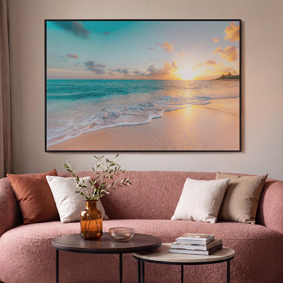 LEINWAND Bilder mit Rahmen - Sonnenuntergang - Strand - Meer - Sommer - Blau - 140x90 - Multicolor, Textil (140/90cm) - MuchoWow