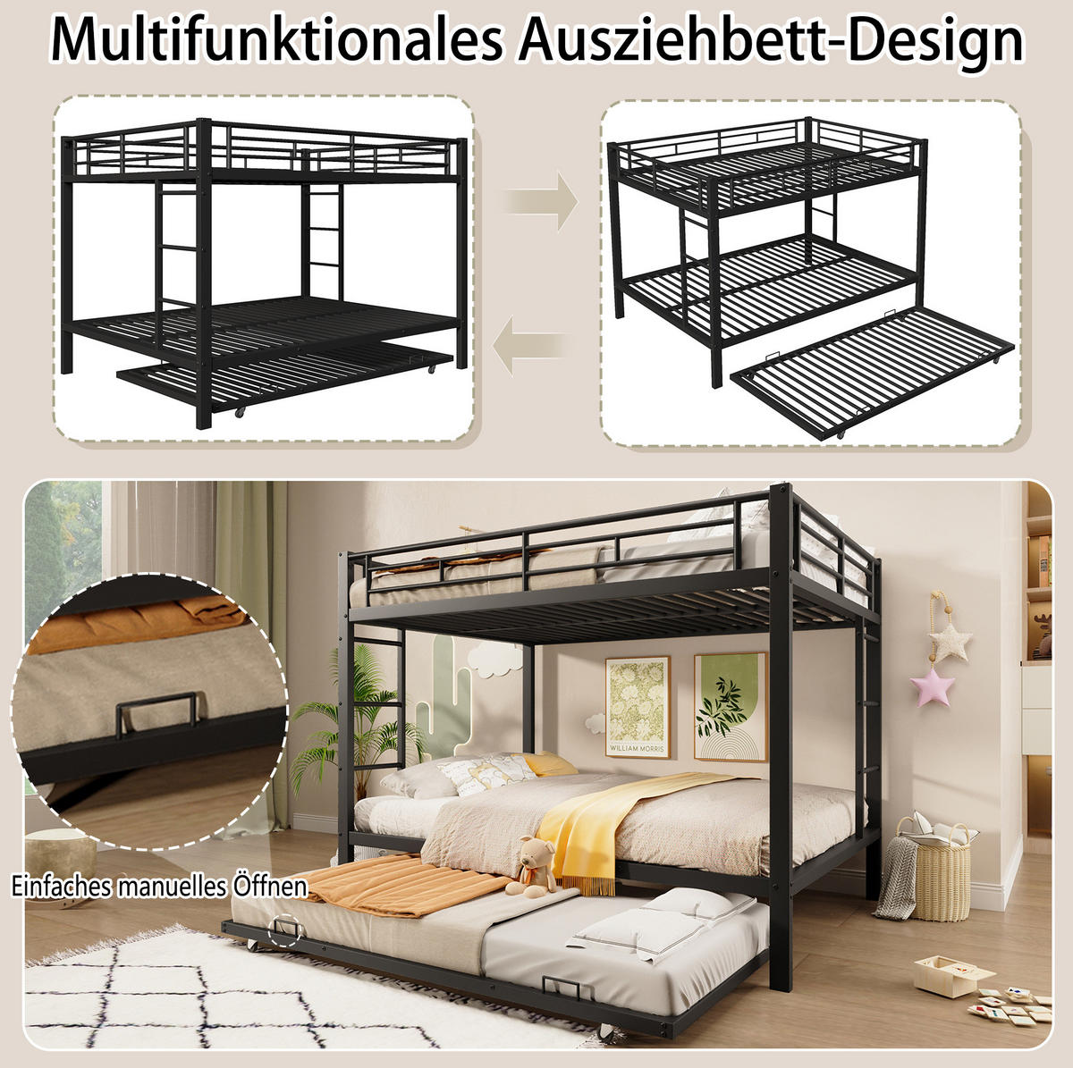 ETAGENBETT 140/200 cm aus Metall mit Ausziehbett und hohen Geländern in Schwarz - Schwarz, Metall (140/200cm) - Flora Grace