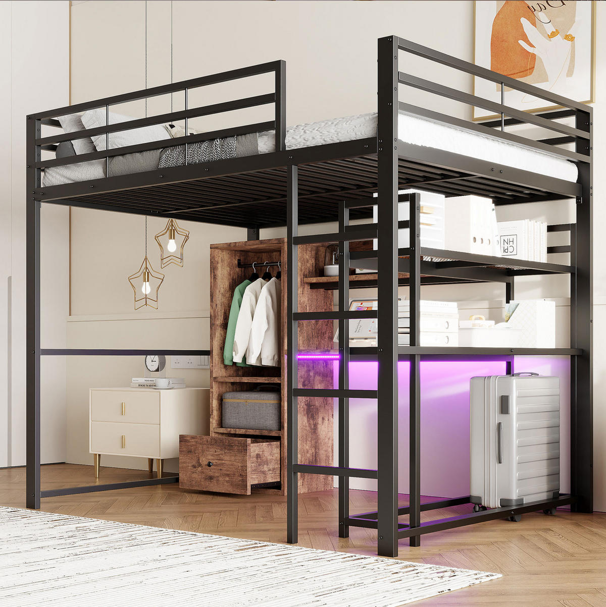 VYSOKÁ postel 203/144,5/174 cm černá s LED osvětlením a stolem z kovu a MDF - černá, kompozitní dřevo (140/200cm) - OKWISH