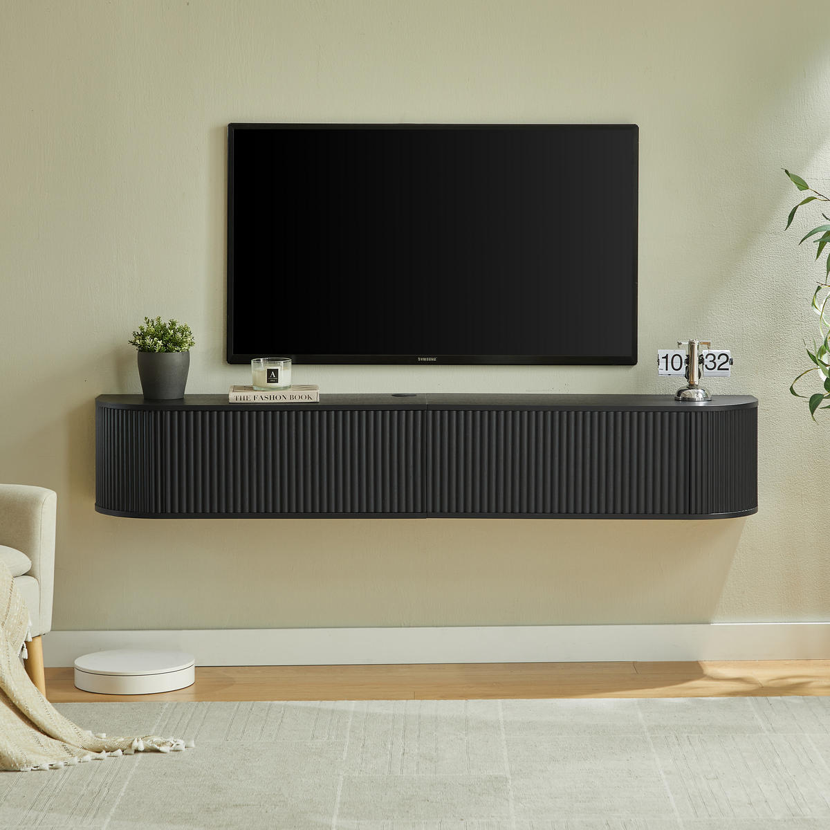 LOWBOARD DE-40522 Hängend mit Riffeltüren Schwarz - Schwarz, Holzwerkstoff (180/30/32cm) - ComfortXL