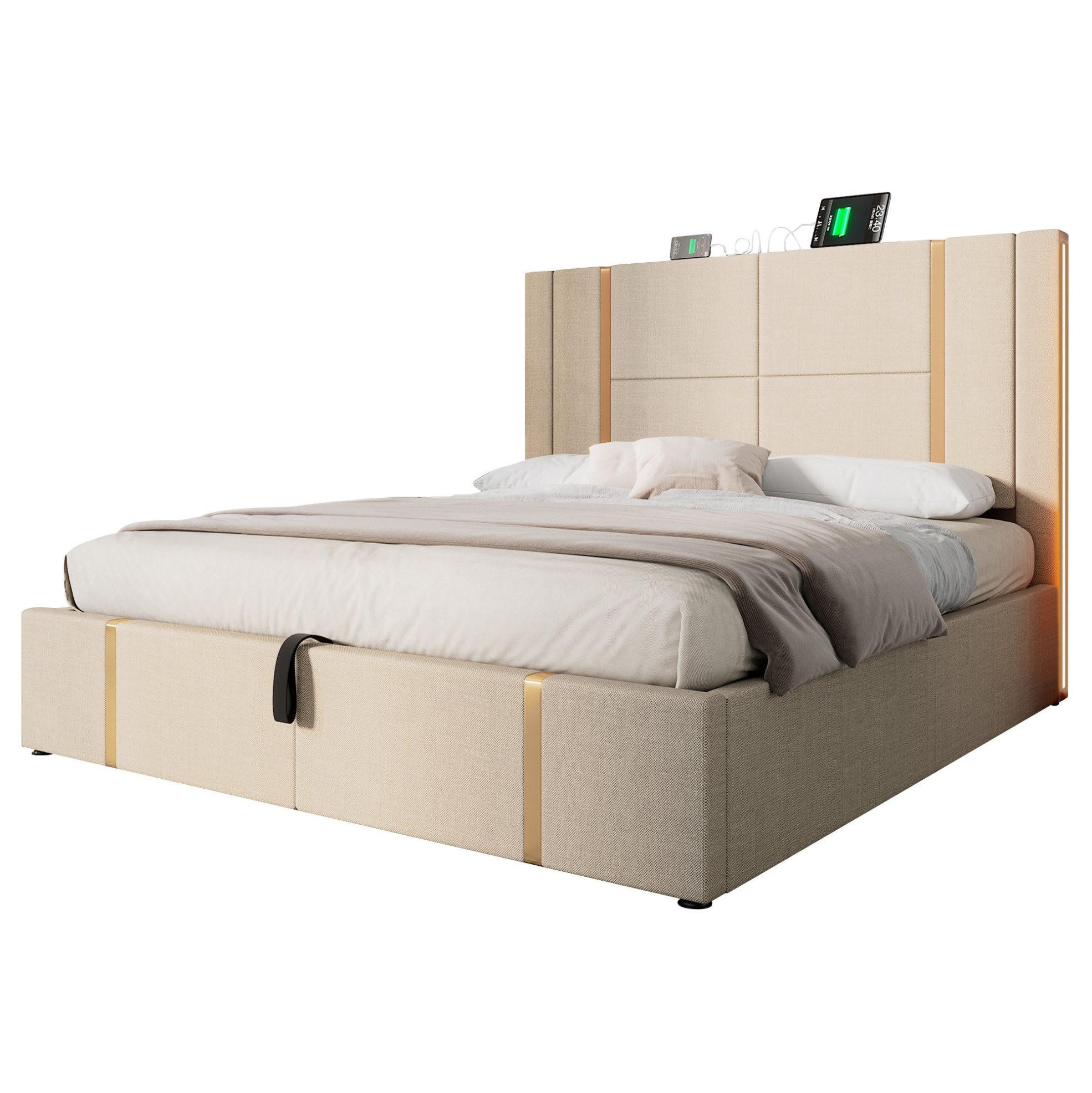 Redom ČALOUNĚNÁ postel 160/200 cm s LED osvětlením, USB a Type-C nabíjením, úložným prostorem, Béžová