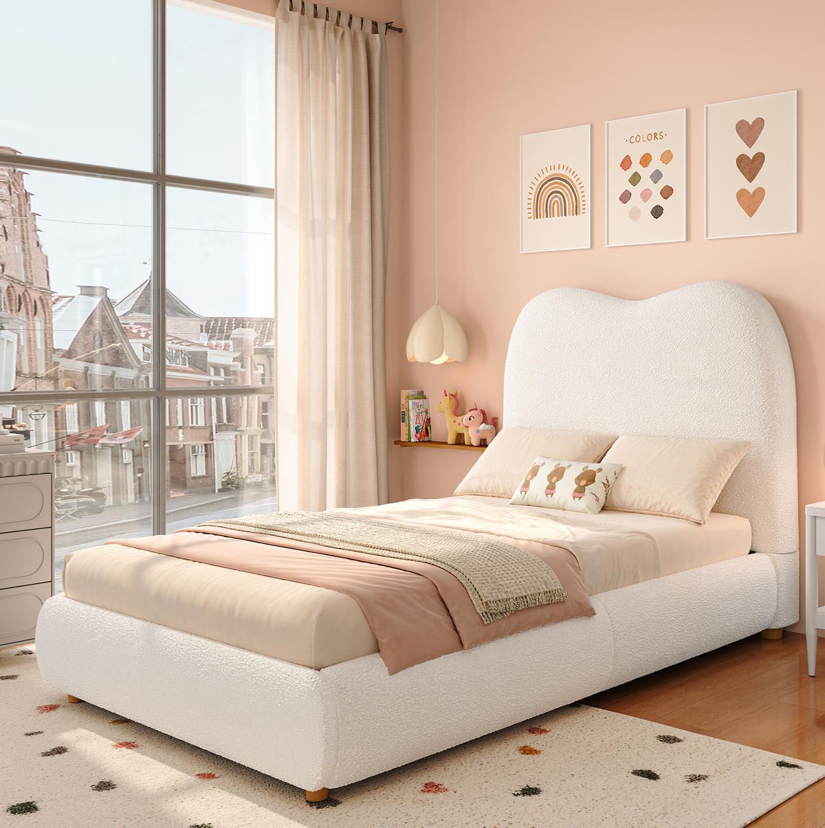 KINDERBETT 90/200 cm mit hydraulischem Bettkasten, gepolstertem Kopfteil und Bouclé-Bezug, Beige - Beige, Textil (90/200cm) - Redom