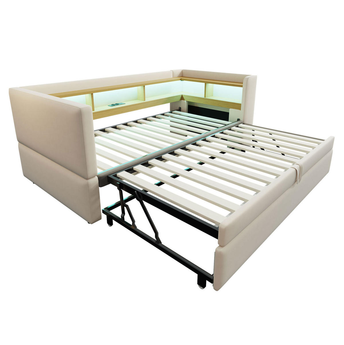 TAPECIRANI krevet na razvlačenje 90/180x190 cm bež od flanela s LED rasvjetom i utičnicama - bež, tekstil (90/190cm) - OKWISH