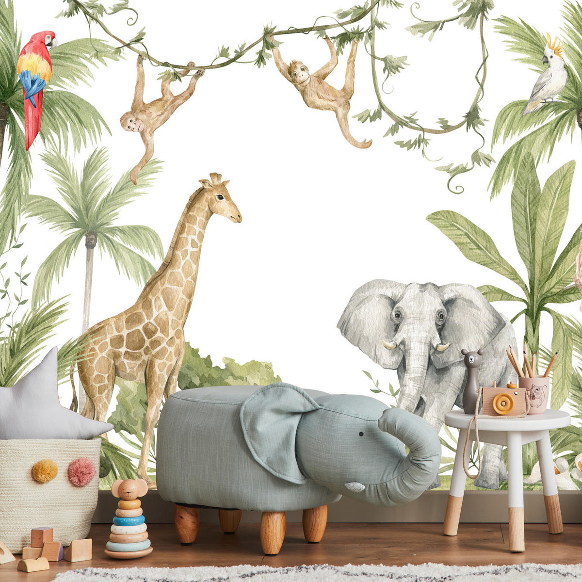FOTOTAPETE für Kinderzimmer TIERE tropische Pflanzen Natur 460x300cm - Rot/Weiß, Papier (460/300cm) - Muralo
