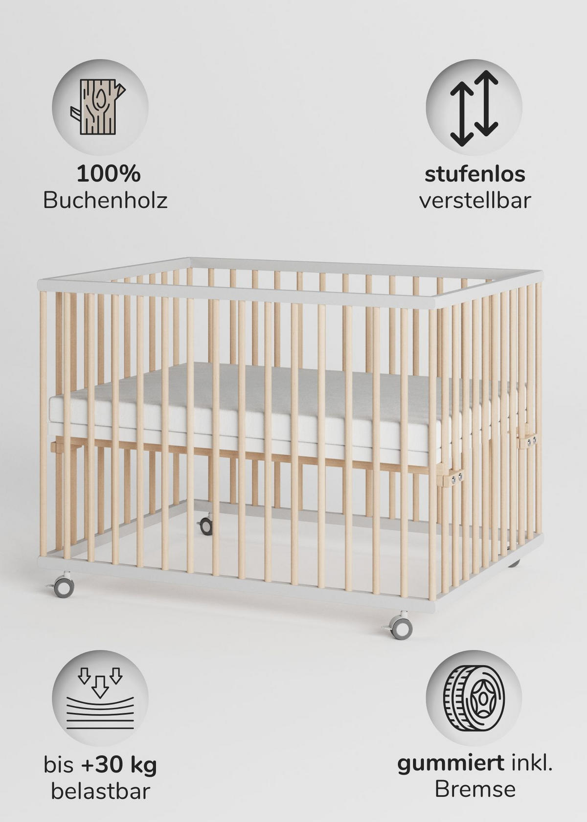 LAUFGITTER 75x100 cm mit Matratze und Schlupfsprossen - weiß/natur - Premium Kollektion - Weiß/Naturfarben, Holz (100/74/75cm) - Sämann – make a difference.