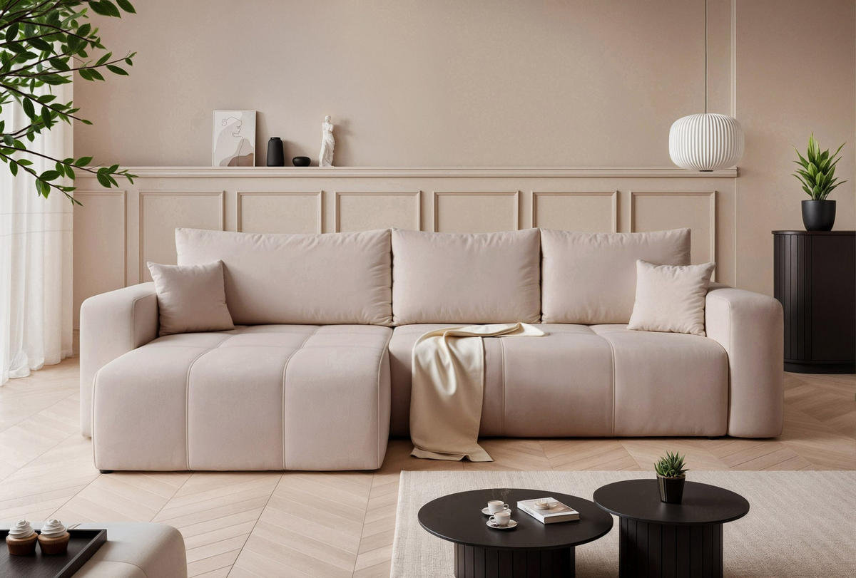 ECKSOFA XL Velours mit Bettkasten und Schlaffunktion - Beige, Holzwerkstoff/Textil (278/145cm) - Idohome