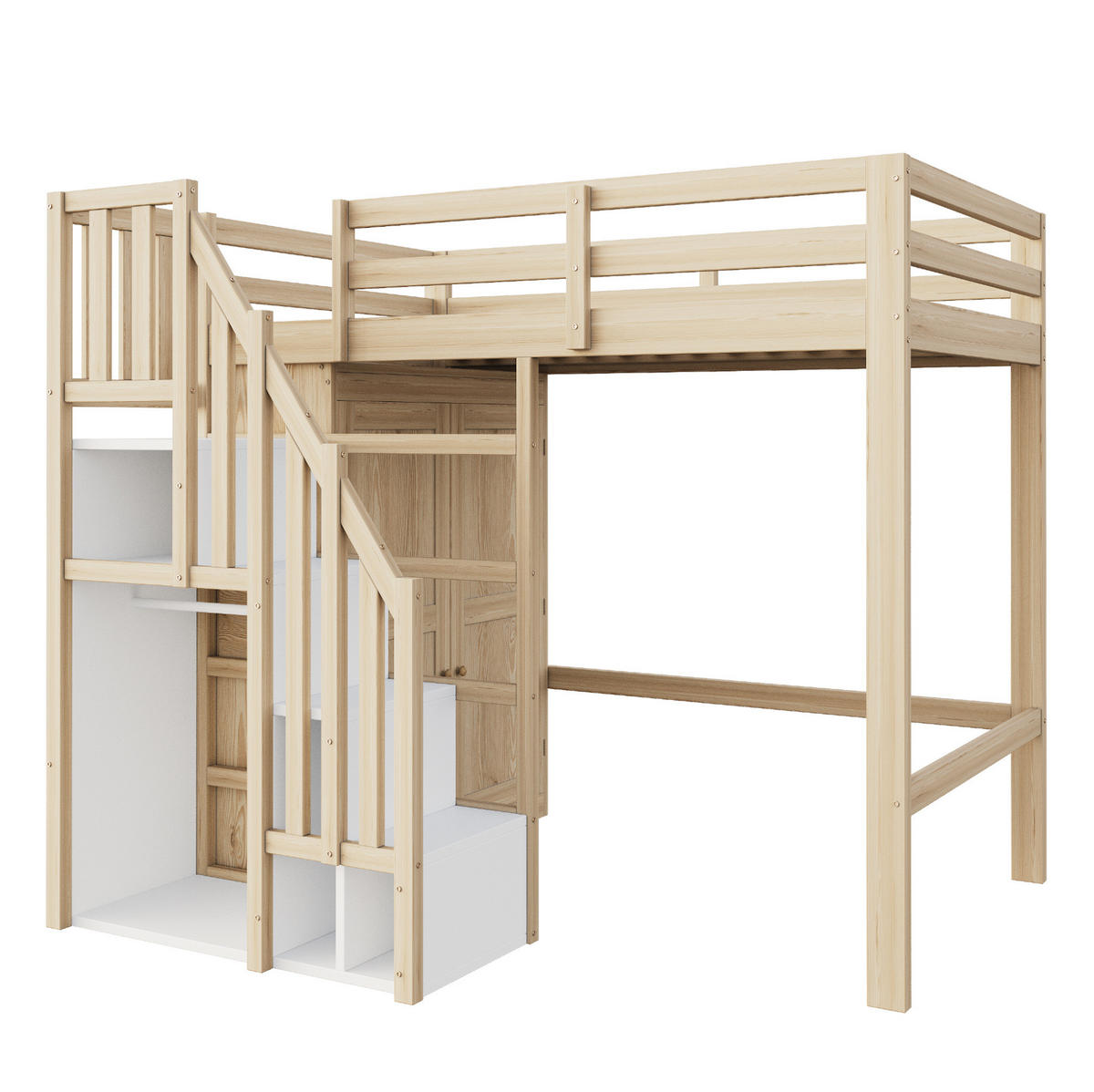 HOCHBETT 90/200 cm mit Kleiderschrank, Stauraumtreppe und offener Ablage aus Holzwerkstoff, Natur - Naturfarben, Holzwerkstoff (90/200cm) - Redom