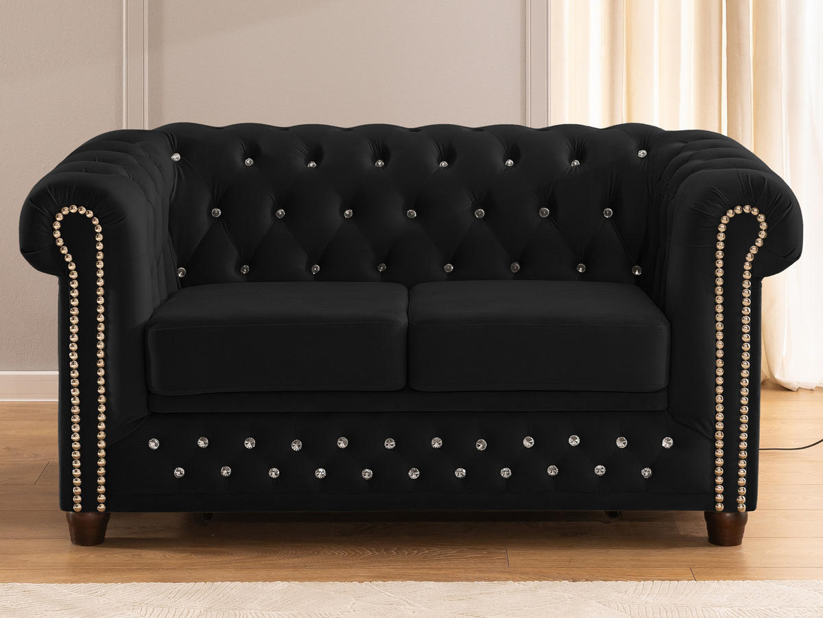 CHESTERFIELD-SOFA 2-Sitzer mit Schlaffunktion Cleo Blink Schwarz Samt mit Kristallsteppung und braunen Massivholzfüßen - Schwarz/Braun, Holz/Textil (148/72/86cm) - S-Style Möbel
