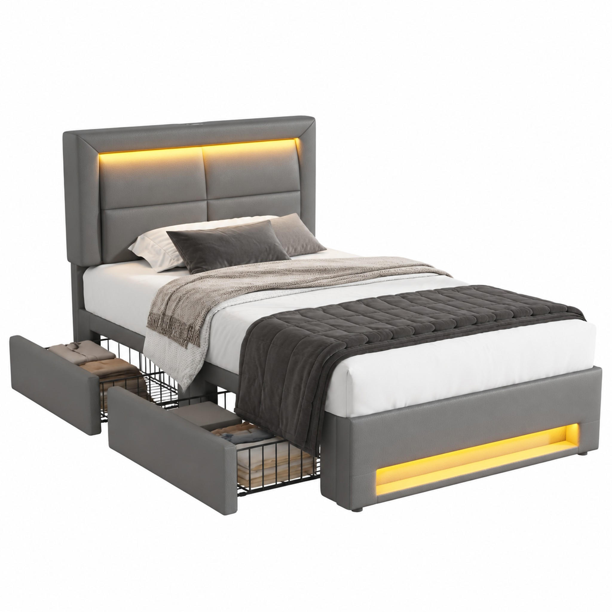 POLSTERBETT mit LED, USB und 4 Schubladen 90x200 cm PU Grau - Grau, Metall (90/200cm) - Meubliv