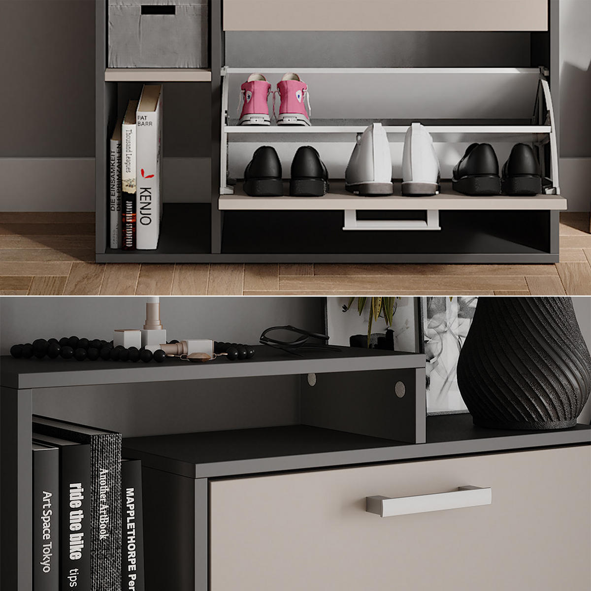 SCHUHKIPPER Orlando Anthrazit/Greige 80 x 166.1 cm mit 4 Fächern - Greige/Anthrazit, Holzwerkstoff (80/166.1/24.2cm) - Vicco