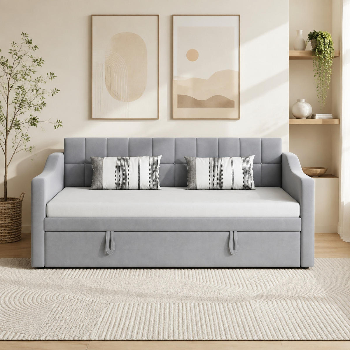 POLSTERBETT 90/190 cm aus Samtstoff mit USB-Ladeports, Hellgrau - Hellgrau, Textil (90/190cm) - OKMYHOME