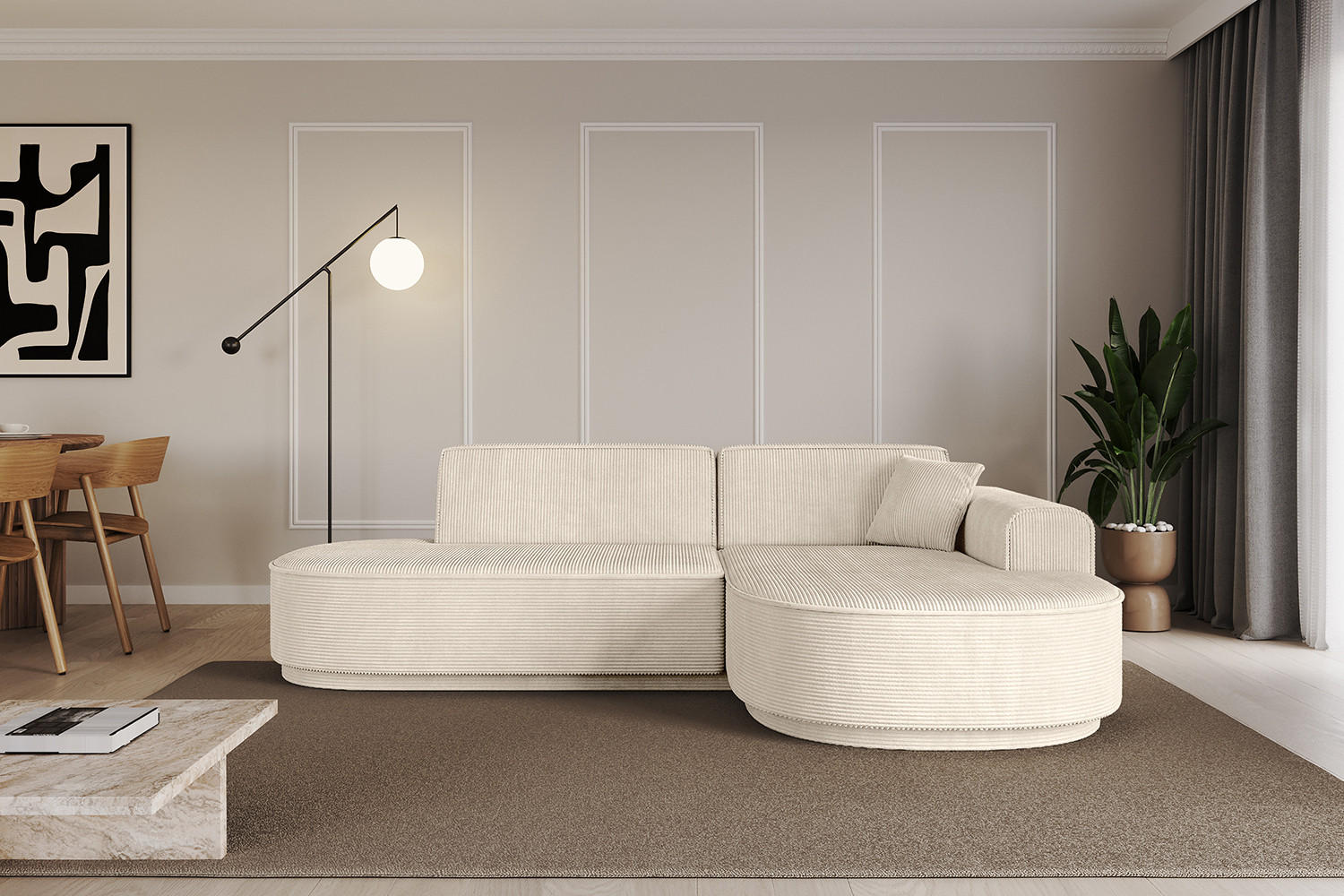 ECKSOFA Ottomane Rechts MARI-L1 - 232x163x81 cm Beige Cord - Beige/Schwarz, Holzwerkstoff/Kunststoff (234/163cm) - ALTDECOR