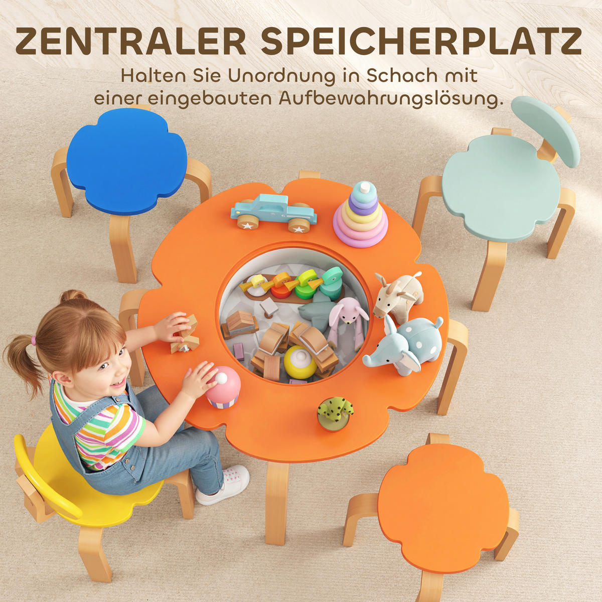 KINDERTISCH Holz mit 4 Stühlen, integriertem Stauraum, für 3-8 Jahre Kinder Bunt - Multicolor, Holz (69/45/69cm) - AIYAPLAY