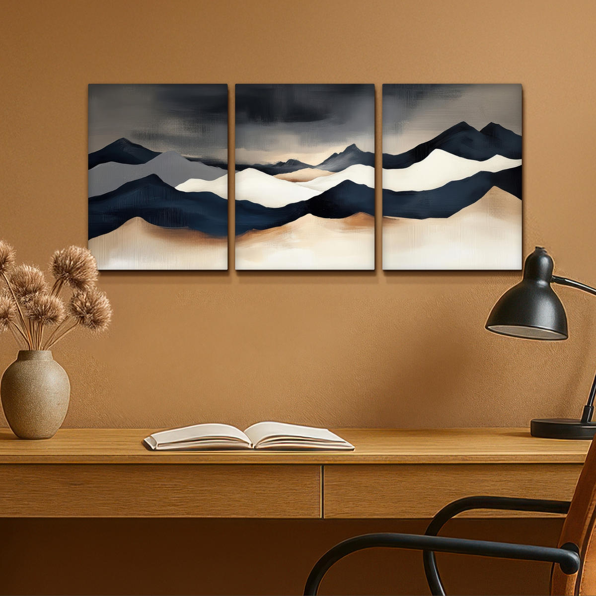 LEINWANDBILD 3er Set Landschaft - Abstrakt - Modern 90x40 cm - Dunkelblau, Textil (90/40cm) - MuchoWow