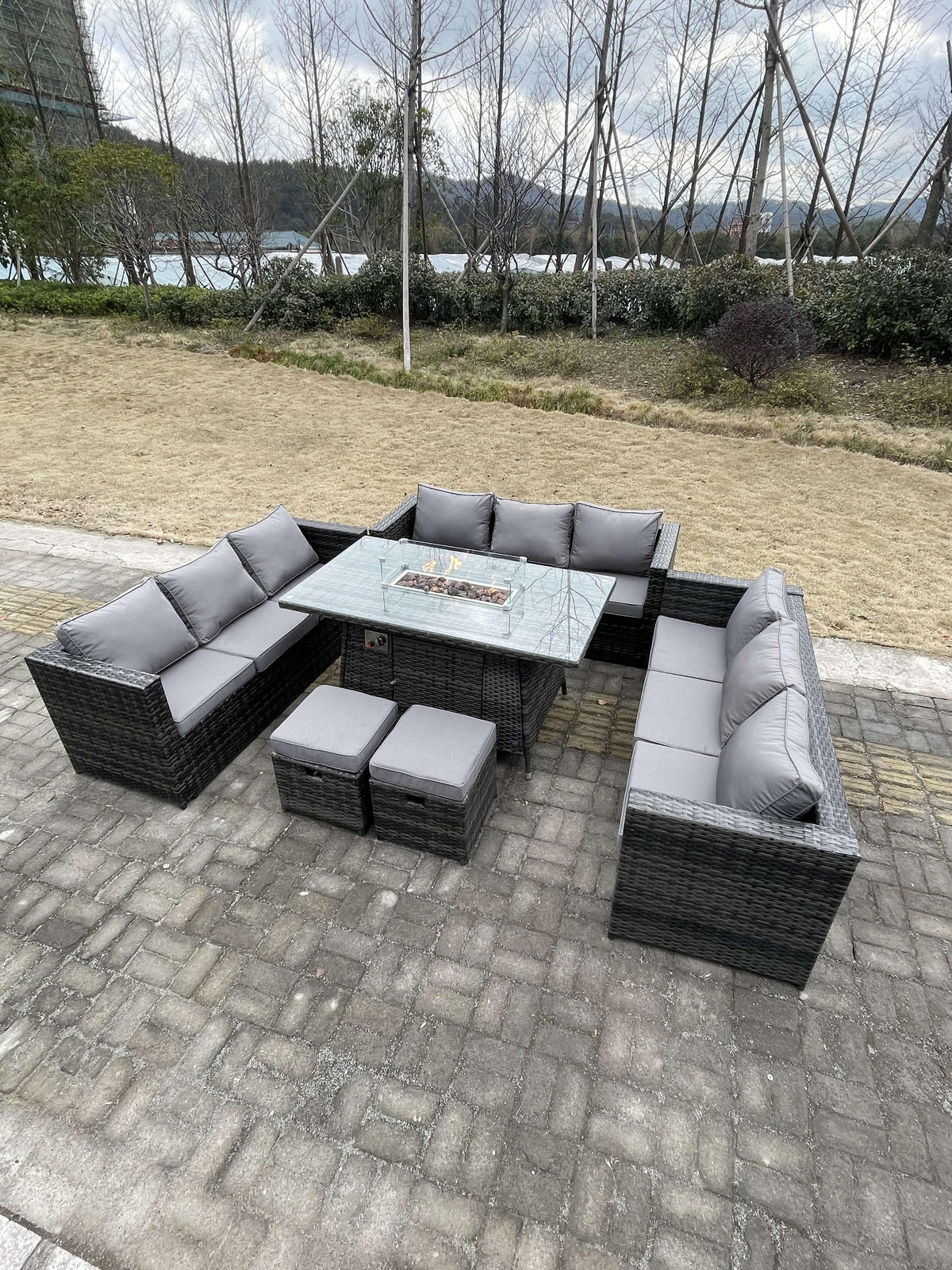 GARTENSET Polyrattan 4-Sitzer - Dunkelgrau/Grau, Glas/Kunststoff - Fimous
