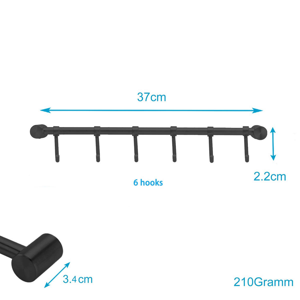 KÜCHEN HAKENLEISTE mit 7 Haken - Schwarz, Metall (3.4/2.2/35.8cm) - Intirilife