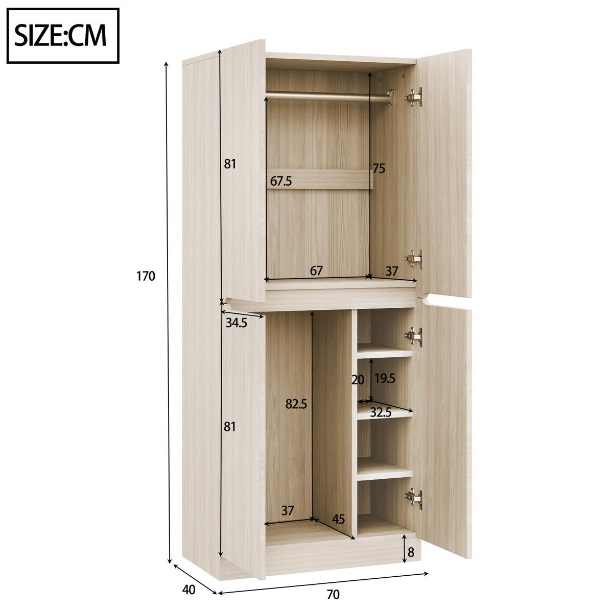 KLEIDERSCHRANK 70/170/40 cm Holzfarbe aus Holz mit Doppeltürdesign - Naturfarben, Holz (40/170/70cm) - OKMYHOME