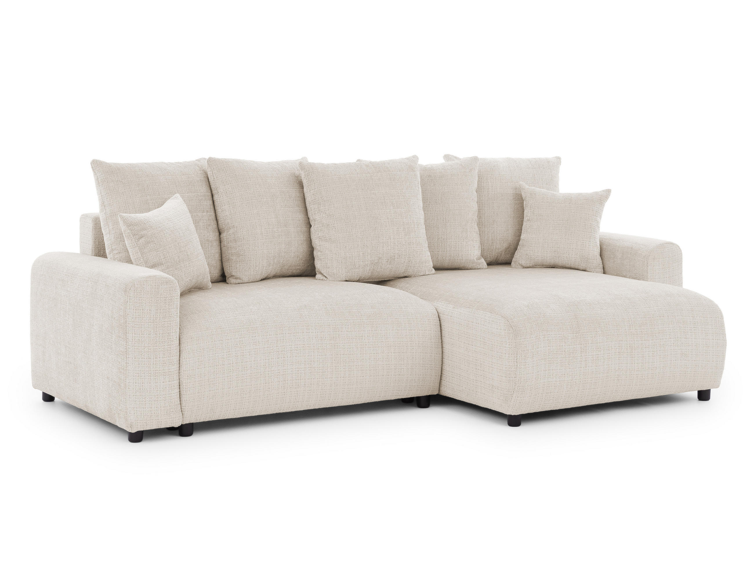 ECKSOFA Calma mit Schlaffunktion und Bettkasten im Bumpy-Design aus weichem Beige Chenille-Stoff - Ottomane rechts - Beige/Schwarz, Holz/Kunststoff (239/140cm) - S-Style Möbel