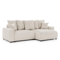 ECKSOFA Calma mit Schlaffunktion und Bettkasten im Bumpy-Design aus weichem Beige Chenille-Stoff - Ottomane rechts - Beige/Schwarz, Holz/Kunststoff (239/140cm) - S-Style Möbel