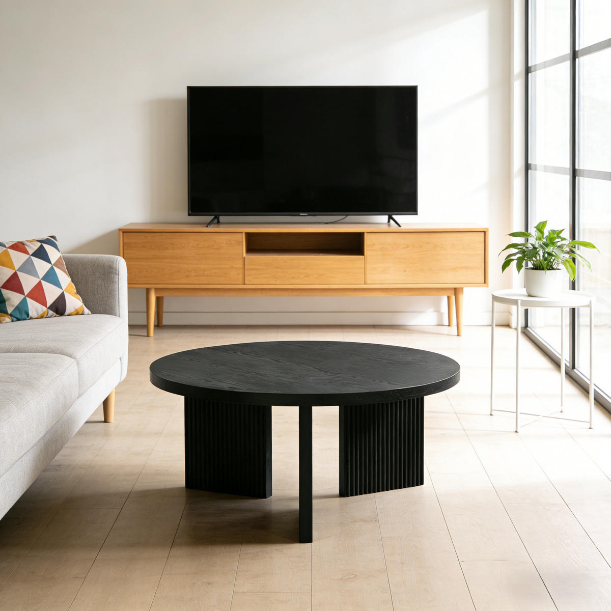 COUCHTISCH rund mit Rillenstruktur Walnussbraun 80/80/42 cm - Schwarz, Holzwerkstoff (80/80/42cm)