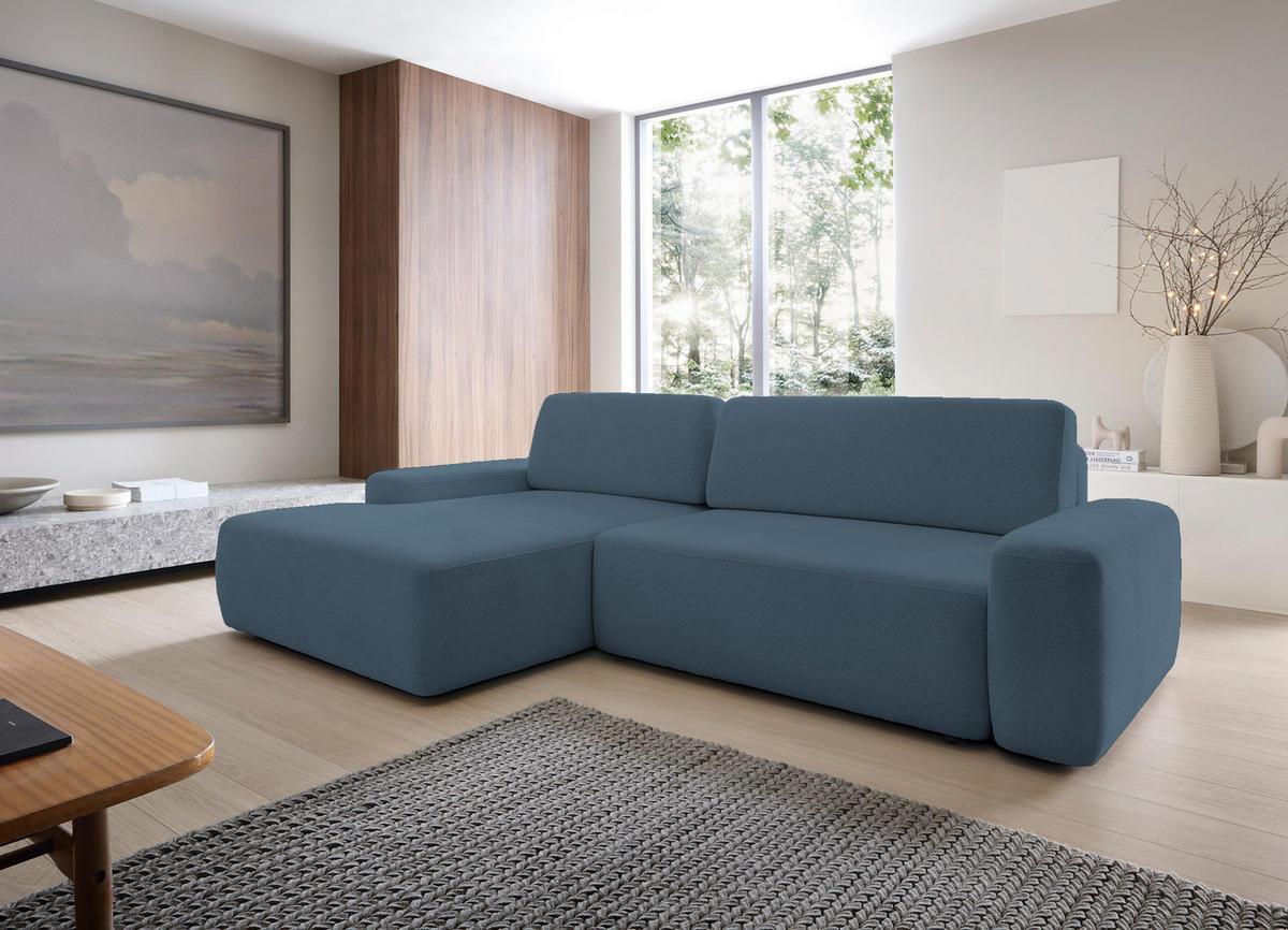 ECKSOFA BOULI 4-Sitzer Polstersofa Raven mit Schlaffunktion 130x210cm Bettzeugablage 264x162x82cm linksseitig Farbe: seegrün - Smaragdgrün, Holz/Textil (162/264cm) - DomoHome