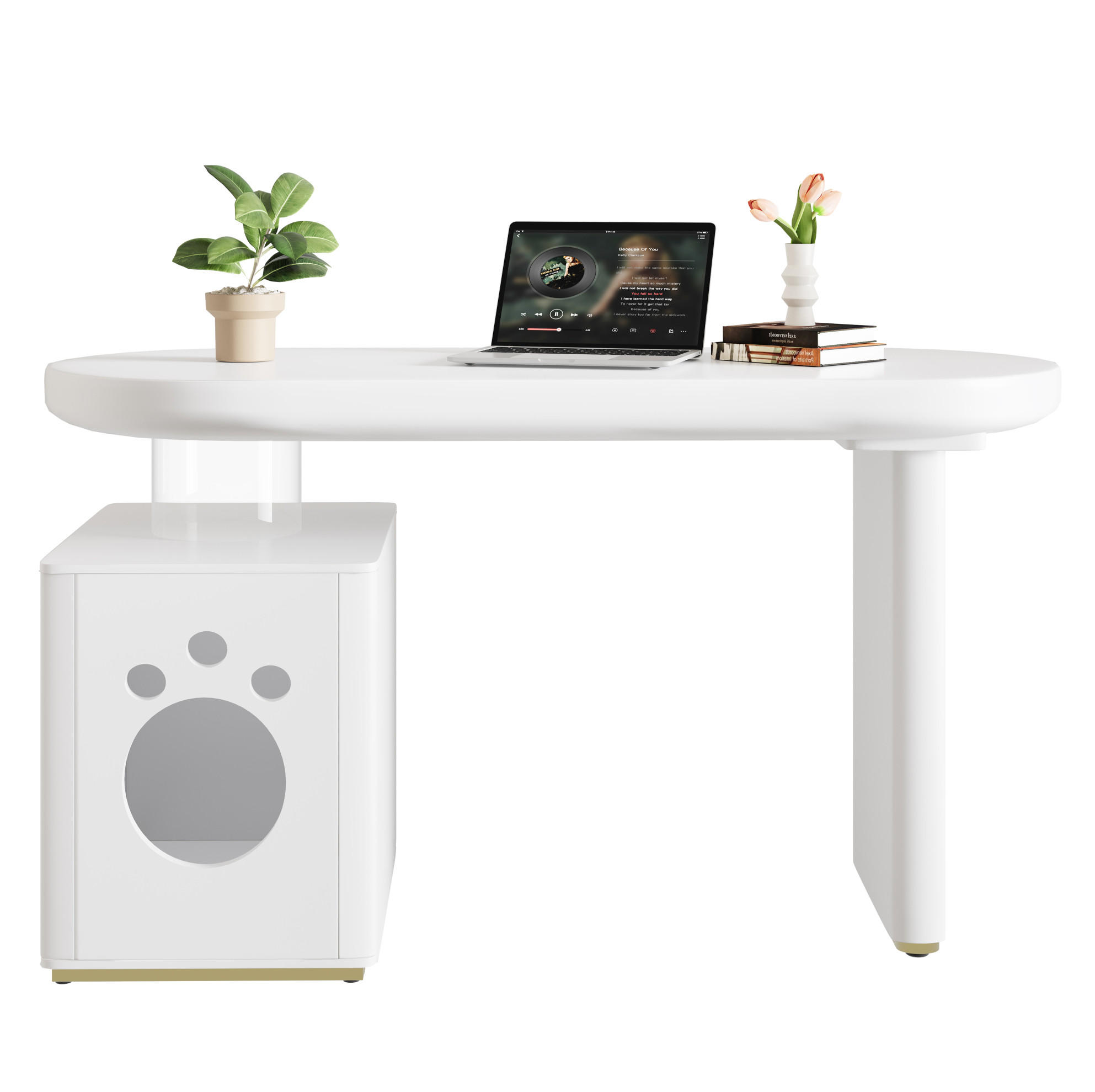SCHREIBTISCH mit Haustierbett 117/50/76 cm weiß MDF, abgerundete Kurven - Weiß, Holzwerkstoff (117/50/76cm) - OKWISH