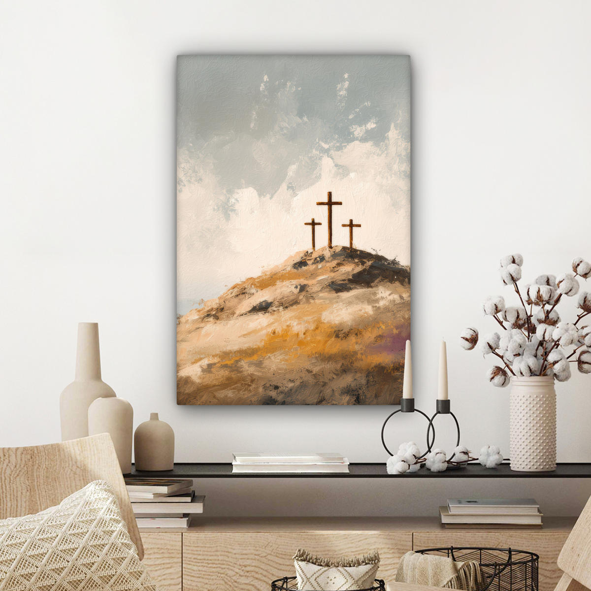 LEINWANDBILD Hügel - Abstrakt - Christentum - Kreuz Wanddeko Schlafzimmer 60x90 cm - Hellgrau, Textil (60/90cm) - MuchoWow