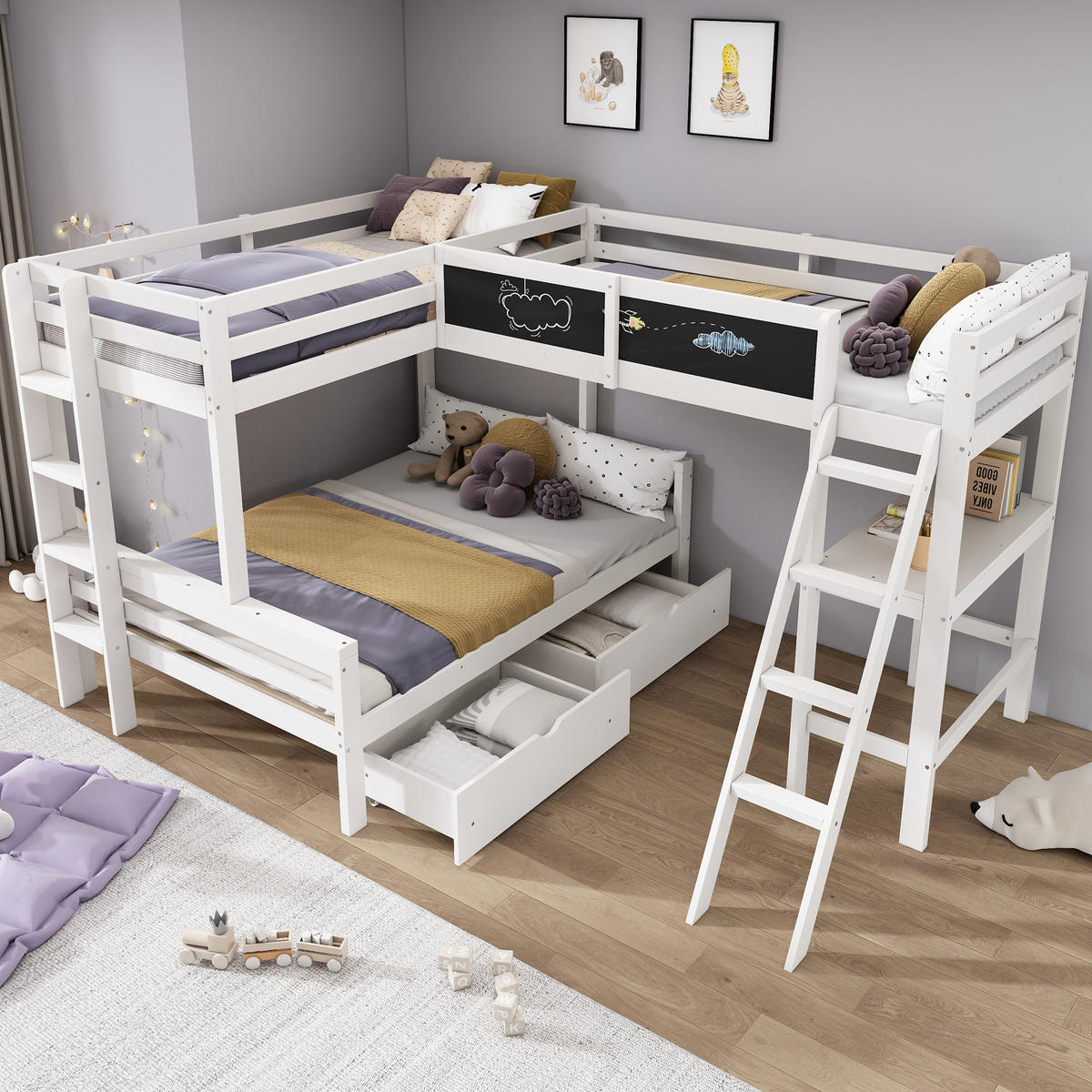 ETAGENBETT Kinder Weiß - Naturfarben, Holz (140/200cm) - ComfortXL