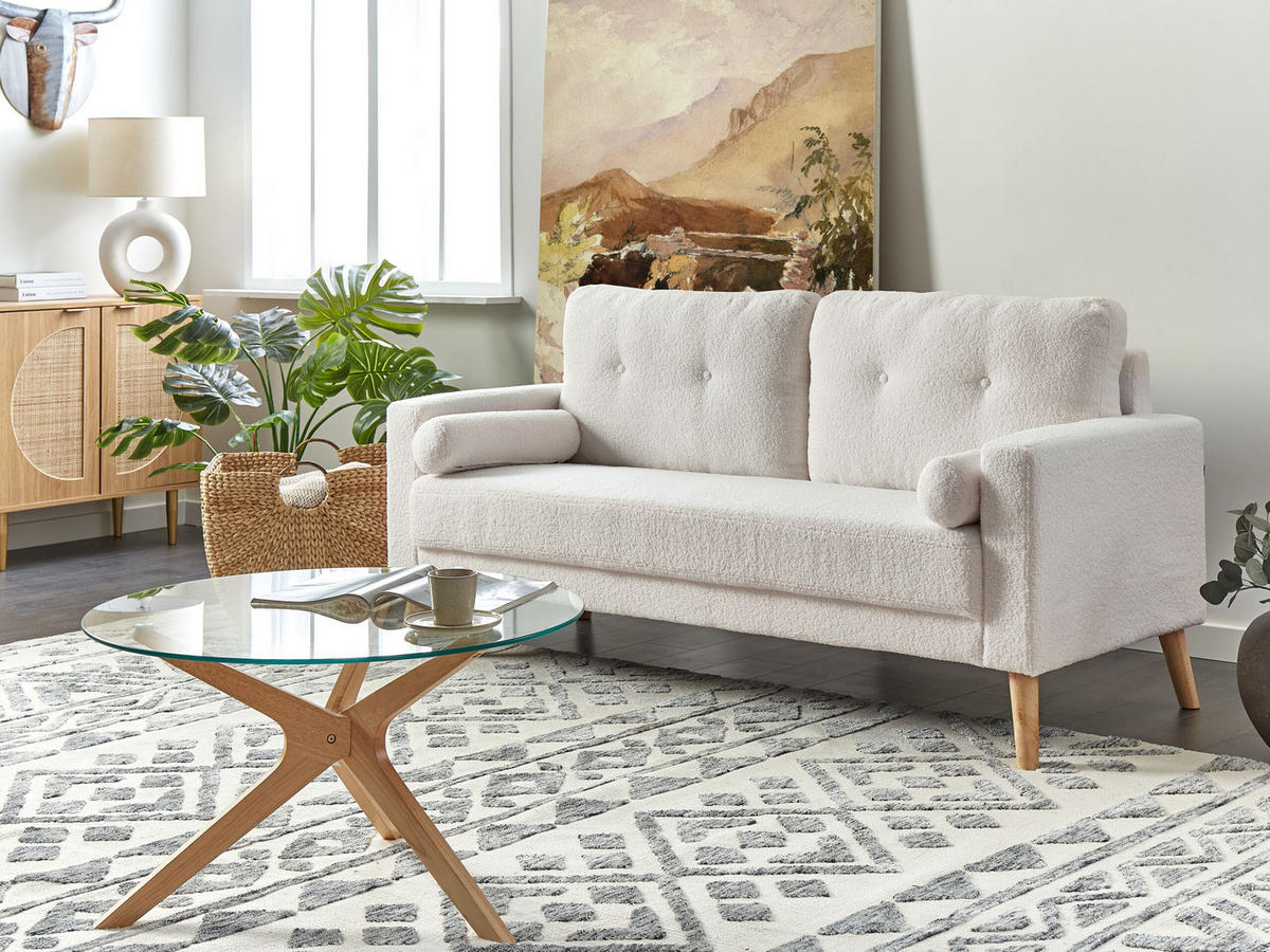 2-SITZER-SOFA Teddy-Optik cremeweiß Kalmar - Hellbraun/Weiß, Textil (182/88/74cm) - Beliani