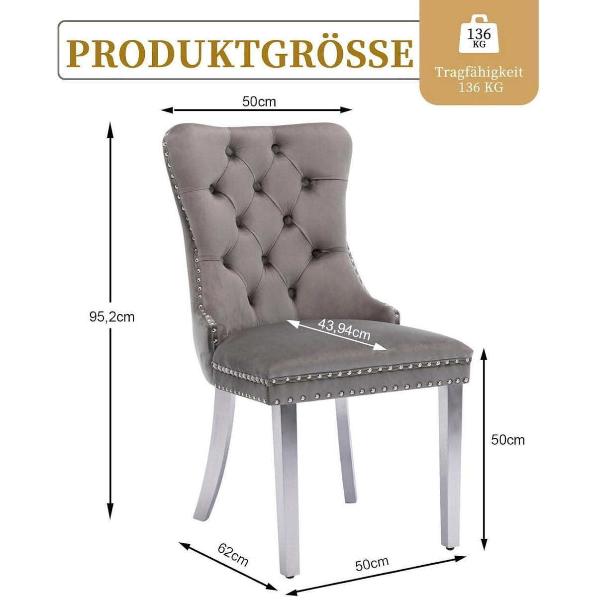 ESSZIMMERSTÜHLE 8er Set Grau Samt mit Edelstahlbeinen - Grau, Textil (50/95.2/62cm)